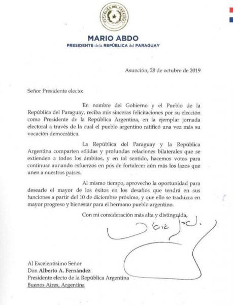 Presidente Abdo Benítez felicita al electo mandatario de la República Argentina